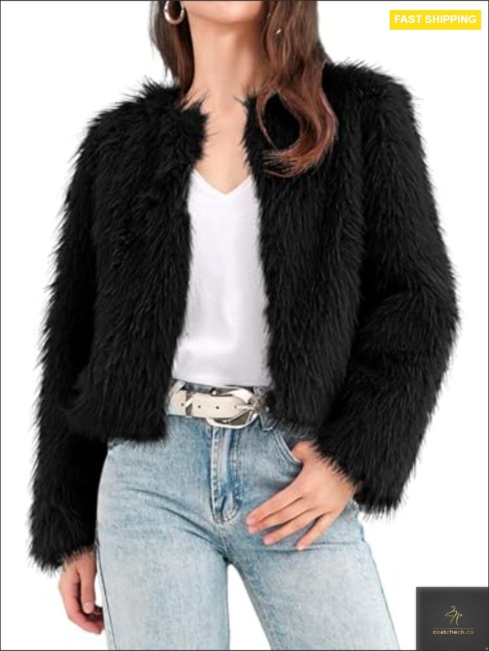 Faux Fur Cropped Jacket Open Front Long Sleeve Outerwear Chic Y2K - Picture 4 of 7